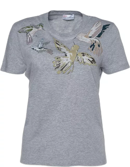 RED Valentino Grey Cotton Bird Print Short Sleeve T-Shirt