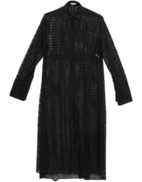 Alaia Black Patterned Laser Cut Cotton Shirt Dress