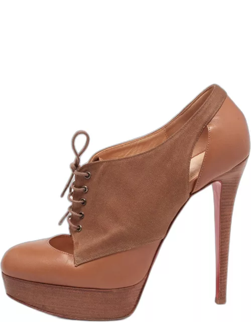 Christian Louboutin Tan/Brown Leather and Canvas Lace-Up Ankle Bootie