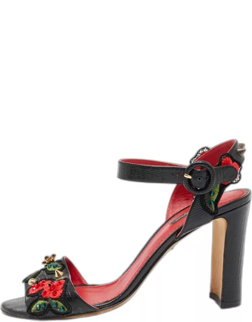 Dolce & Gabbana Black Lizard Embossed Carnation Heeled Sandal