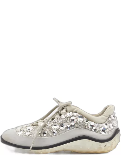 Miu Miu Grey Satin And Stretch Fabric Astro Crystal Embellished Low Top Sneaker