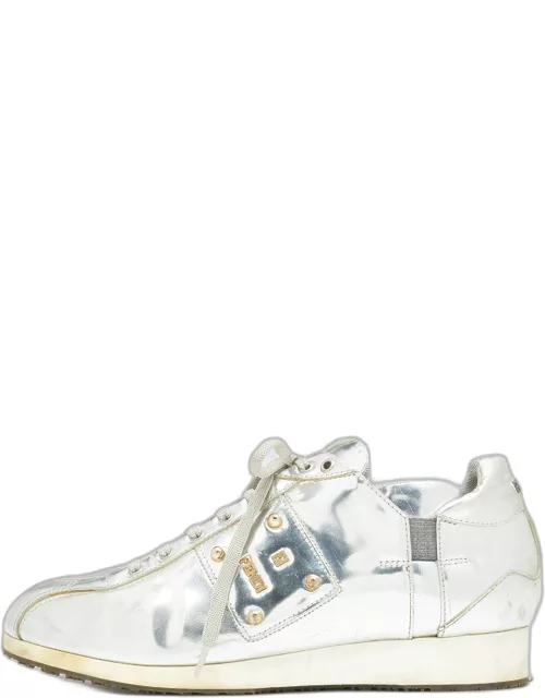 Fendi Metallic Silver Patent Leather Low Top Sneaker