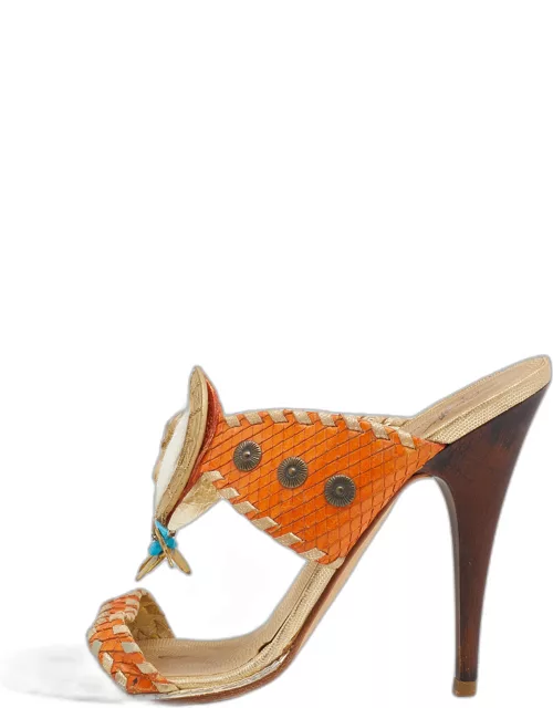 Giuseppe Zanotti Orange/Gold Python Embossed Leather Slides Sandals