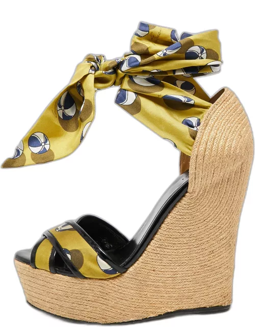 Gucci Multicolor Printed Silk and Jute Scarf Ankle Wrap Wedge Sandal