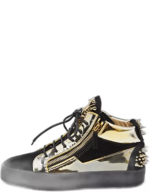 Giuseppe Zanotti Black/Gold Suede and Leather Studded Jimbo Mid Top Sneaker