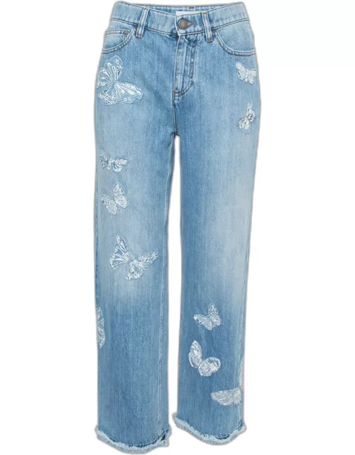 Valentino Blue Denim Butterfly Embroidered Straight Fit Jeans