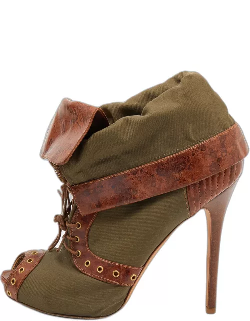 Alexander McQueen Khaki Green/Brown Canvas And Leather Faithful Peep Toe Boot