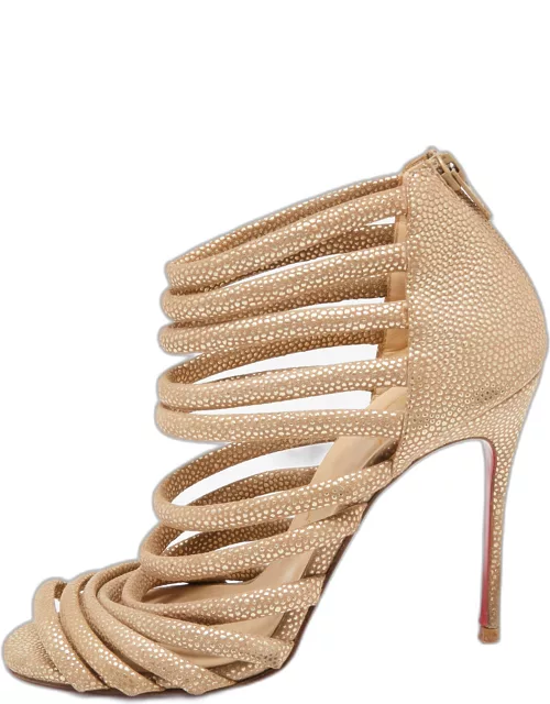 Christian Louboutin Gold/Brown Textured Suede Open-Toe Strappy Sandal