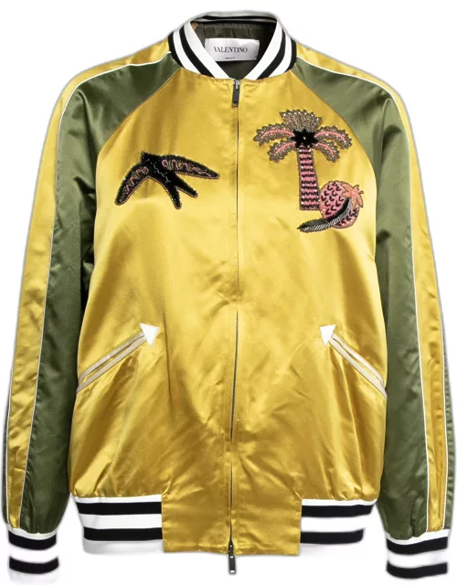 Valentino Yellow & Green Silk Satin Embroidered Patch Detail Bomber Jacket