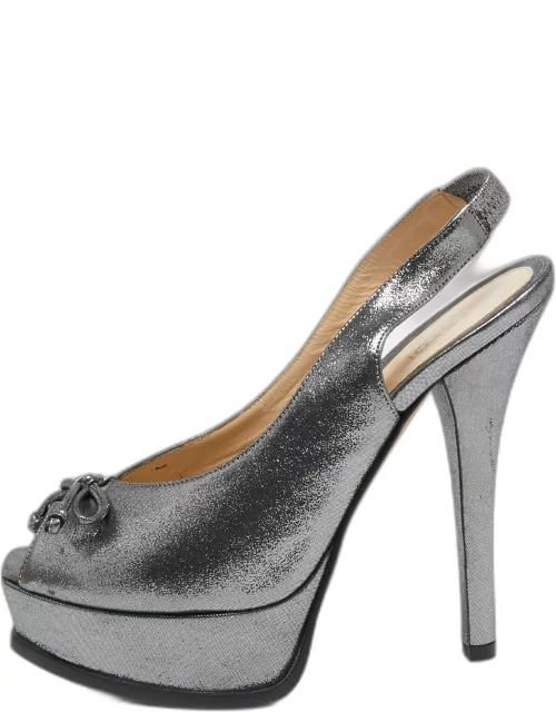 Fendi Metallic Grey Suede Fendista Peep Toe Slingback Platform Sandal