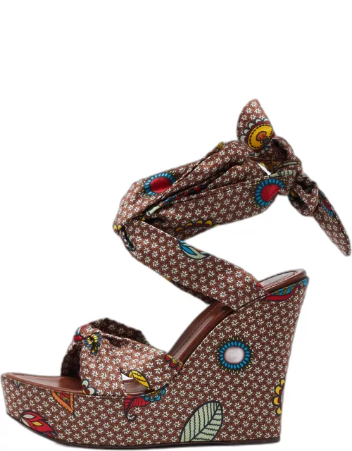 Sergio Rossi Multicolor Printed Satin Ankle-Wrap Wedge Platform Sandal
