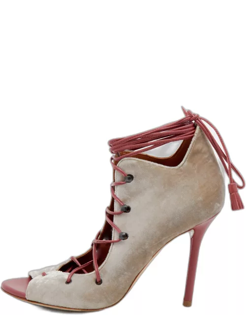 Malone Souliers Grey/Pink Velvet and Leather Savannah Ankle Wrap Sandal