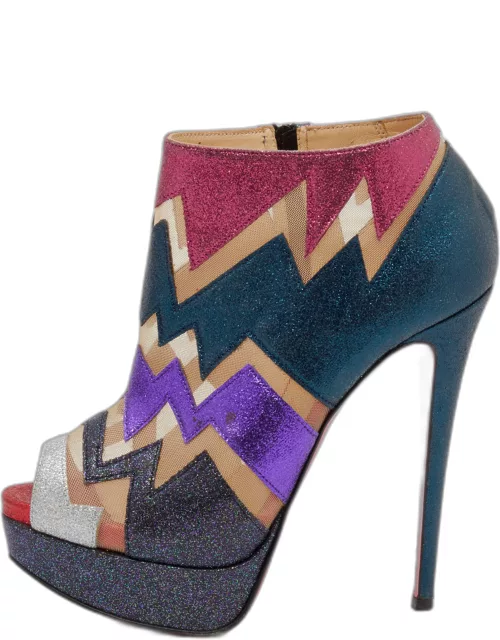 Christian Louboutin Multicolor Glitter and Mesh Ziggy Peep-Toe Ankle Bootie