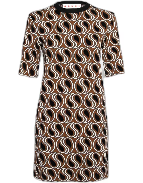 Marni Brown Jacquard Lurex Knit Short Sleeve Dress