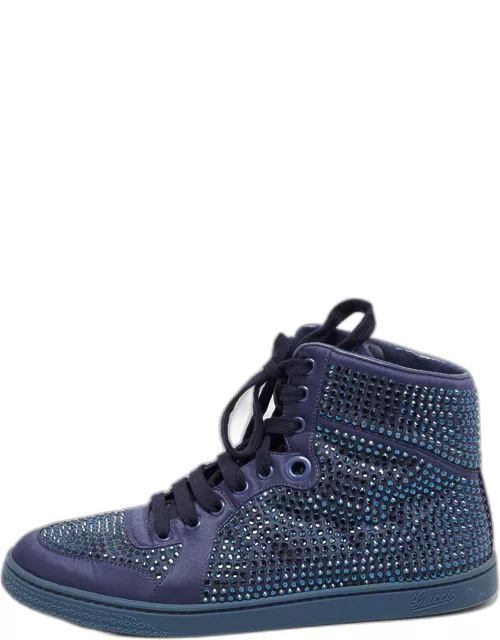 Gucci Blue Satin Crystal Embellished High Top Sneaker