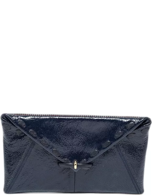 Nina Ricci Navy Blue Crinkle Patent Leather Bow Envelope Flap Clutch