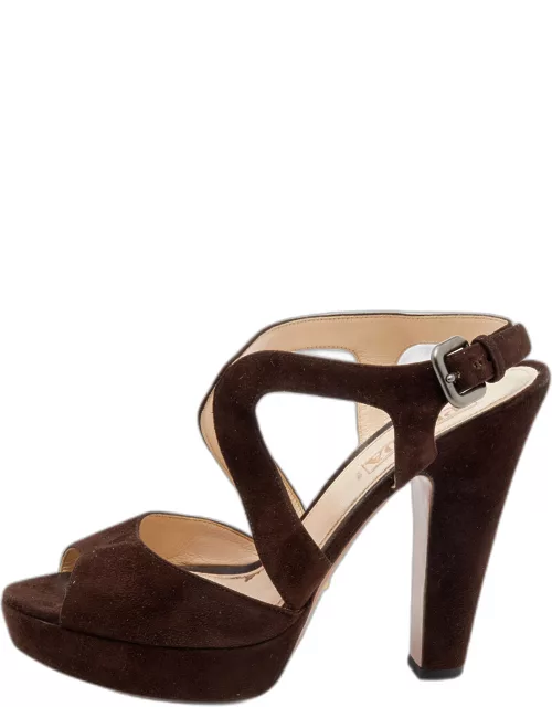 Prada Dark Brown Suede Platform Ankle Strap Sandal