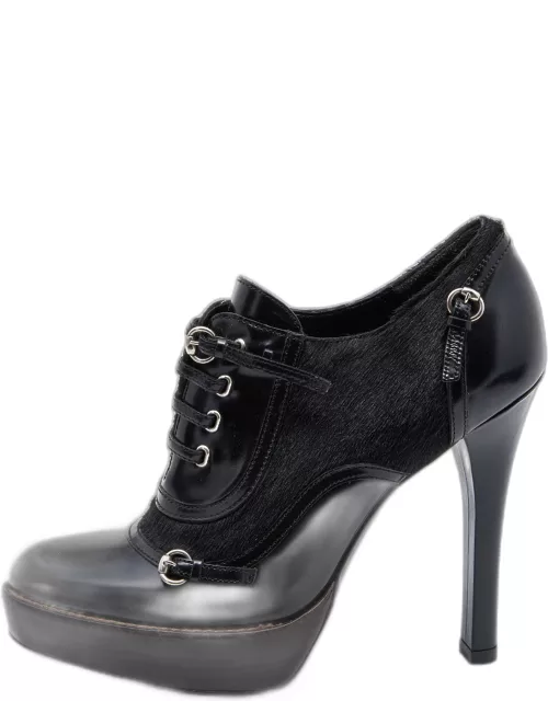 Gucci Black Leather And Pony Hair Buckle Detail Platform Ankle Bootie