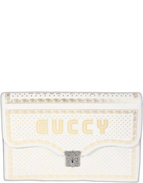 Gucci White Calfskin Leather Star Printed Star Printed GUCCY Portfolio Clutch Bag