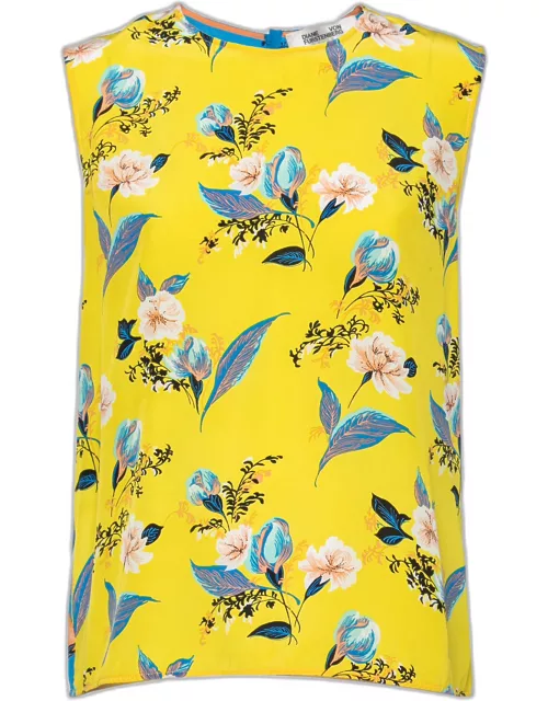 Diane von Furstenberg Yellow & Blue Floral Printed Silk Sleeveless Top