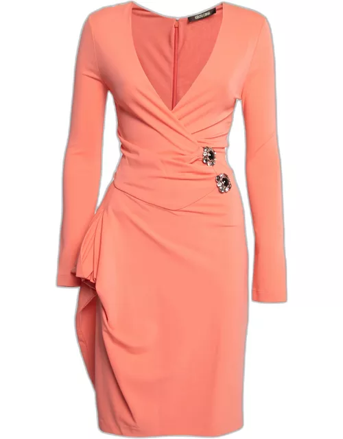 Roberto Cavalli Peach Jersey Embellished Wrap Detail Draped Dress