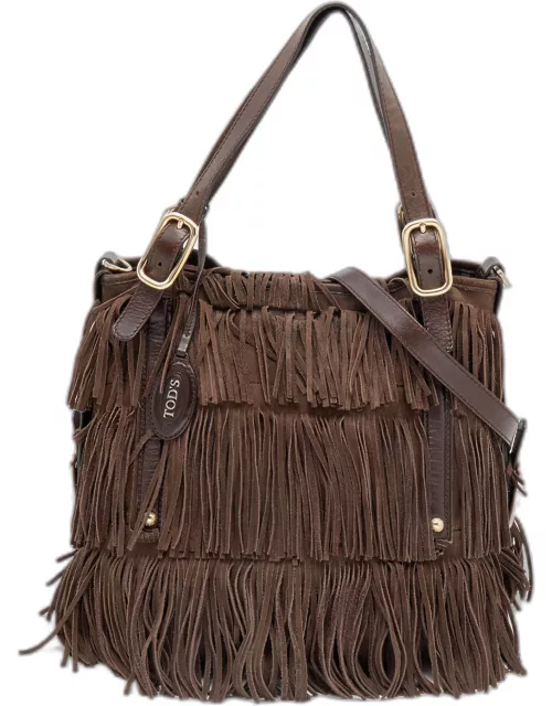 Tod's Brown Suede and Leather G-Line Frange Media Tote