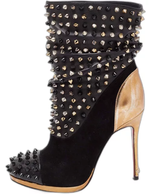 Christian Louboutin Black/Gold Suede Patent and Leather Spike Wars Ankle Bootie