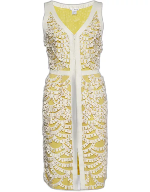 Oscar de la Renta Cream & Yellow Embellished Tulle Sleeveless Dress