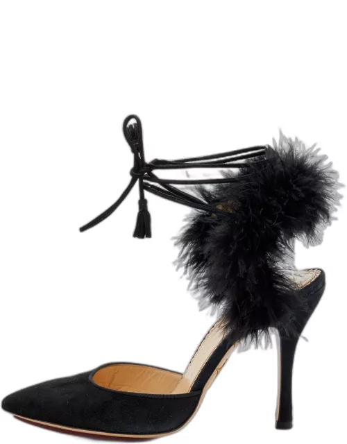 Charlotte Olympia Black Ostrich Feather and Suede Sandal