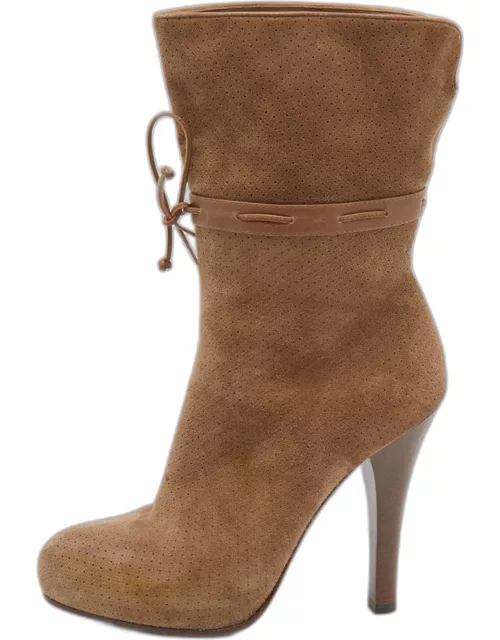 Bottega Veneta Brown Perforated Suede and Leather Mid Calf Boot