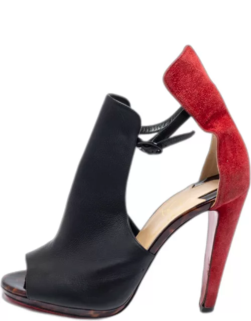 Christian Louboutin Black/Red Suede And Leather Barabara Cutout Ankle Boot