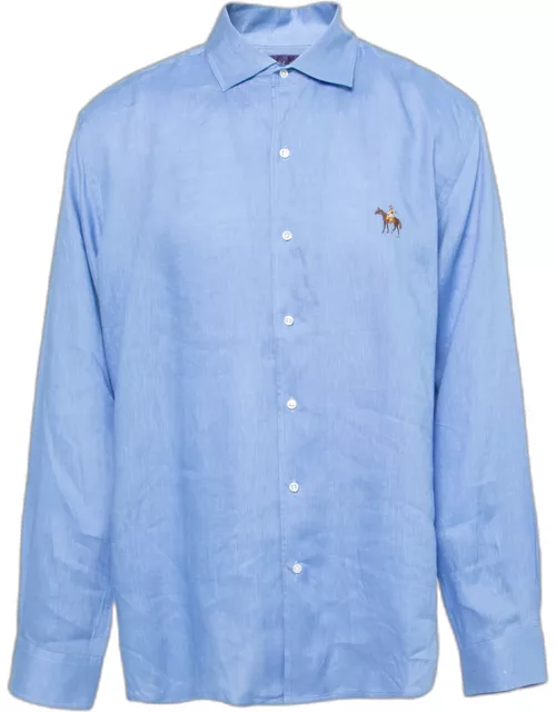 Ralph Lauren Purple Label Blue Linen Tailored Fit Button Front Shirt