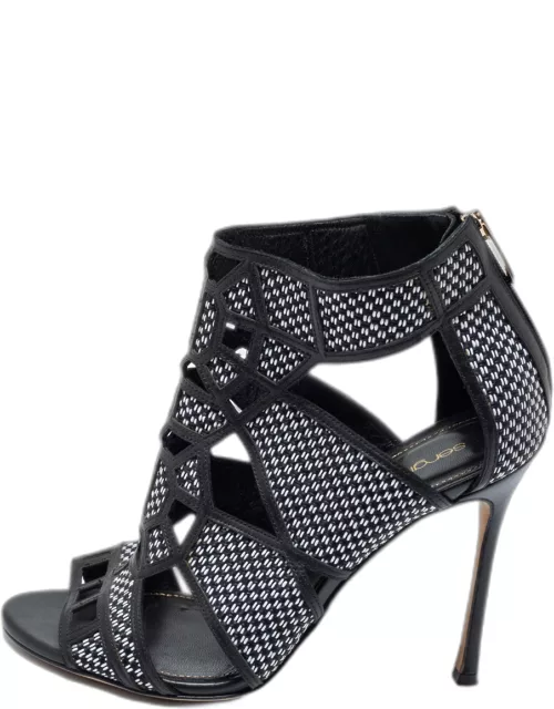 Sergio Rossi Black/White Woven Straw And Leather Cutout Ankle Boot