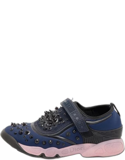 Dior Blue Neoprene and Mesh Fusion Crystal Embellished Slip On Sneaker