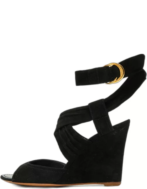 Louis Vuitton Black Suede Crisscross Ankle Wrap Wedge Sandal