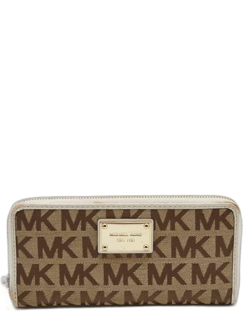 Michael Kors Beige/White Signature Canvas and Leather Zip Around Wallet