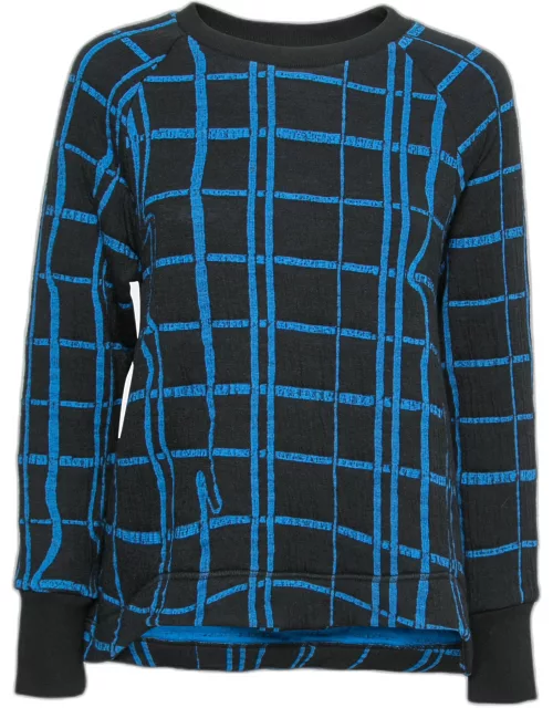 Kenzo Blue and Black Checkered Printed Knit Long Sleeve Crew Neck Sweater