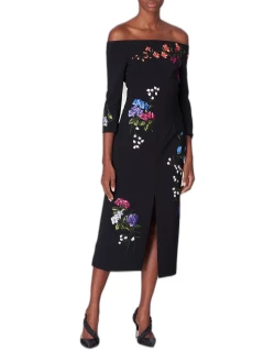 Embroidered Off-The-Shoulder Midi Dres