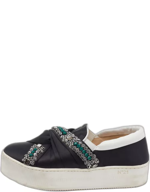 N21 Black/White Satin And Leather Crystal Embellished Platform Slip On Sneaker