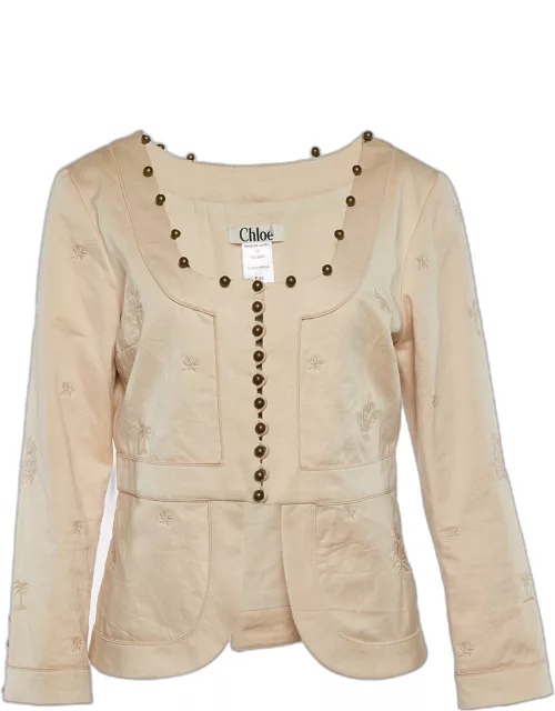 Chloe Beige Cotton Embroidered Button Front Top