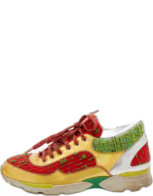 Chanel Multicolor Tweed Fabric And Leather CC Lace Up Sneaker