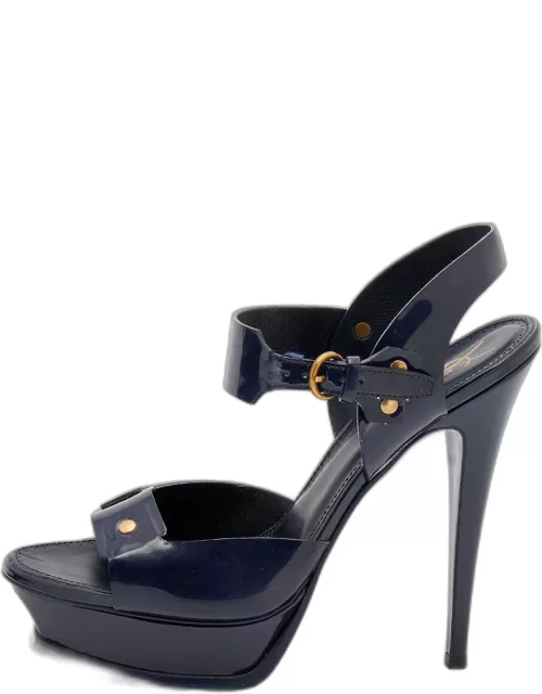 Yves Saint Laurent Navy Blue Patent Leather Studded Ankle Strap Platform Sandal