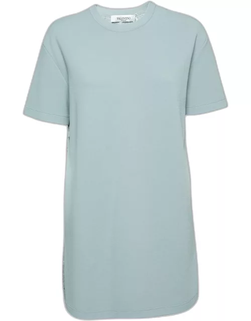 Valentino Powder Blue Knit & Lace Paneled Short Sleeve Dress