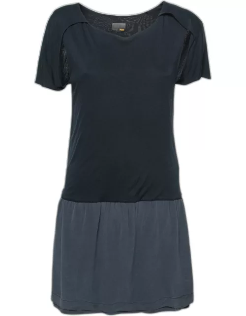 Fendi Navy Blue Jersey & Silk Cut-Out Sleeve Detailed Dress