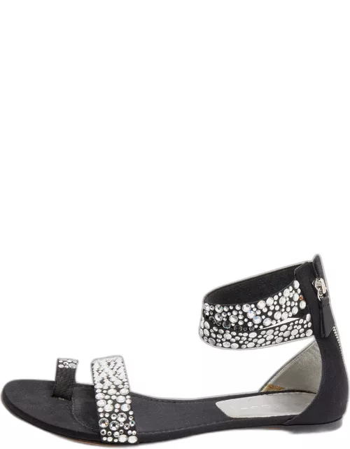 Casadei Black Embellished Fabric And Satin Ankle Cuff Flat Sandal
