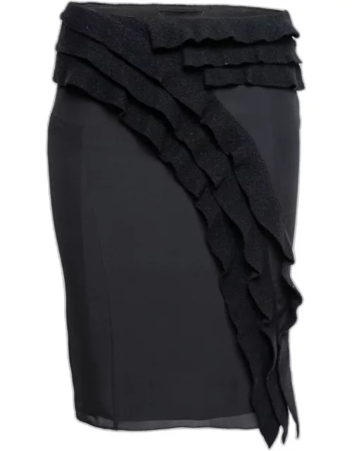 Emporio Armani Black Silk & Wool Ruffle Trimmed Skirt