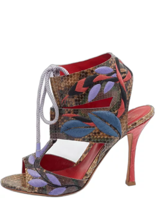 Sergio Rossi Multicolor Embroidered Python Ankle Tie Up Sandal
