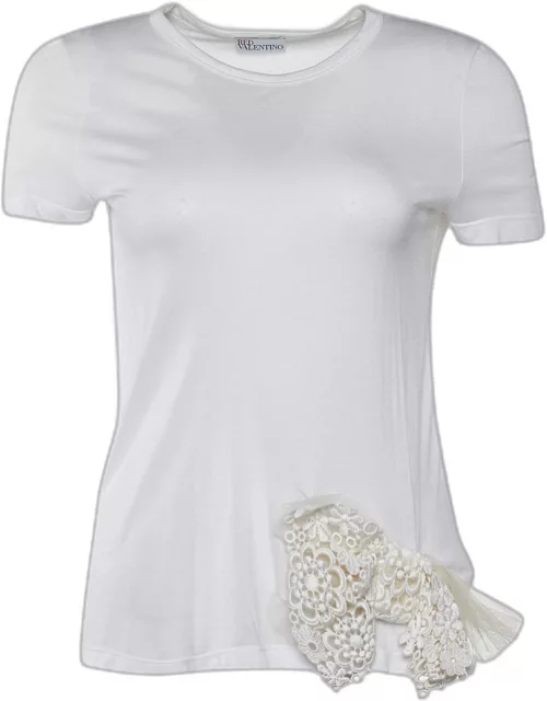 RED Valentino White Modal Lace Bow Detail Crew Neck Top