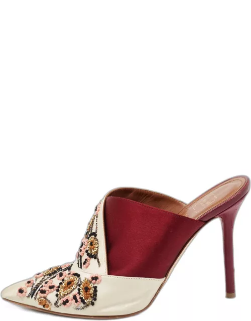 Malone Souliers Off White/Burgundy Satin Floral Embroidered Pointed Toe Mule