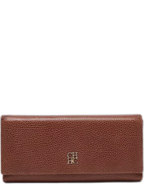 CH Carolina Herrera Brown Monogram Leather Flap Continental Wallet